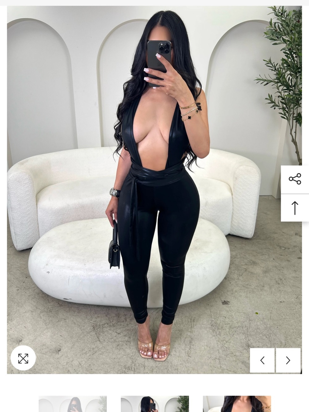 Black Deep V Plunge Faux Leather Jumpsuit